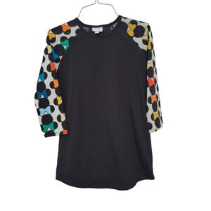 Lularoe Minnie Mouse 3/4 Sleeve Raglan Randy Top Black Multicolor Women Sz XS